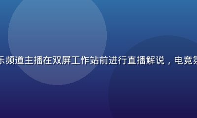 蜜桃传媒游戏娱乐频道主播在双屏工作站前进行直播解说，电竞氛围浓厚灯光炫酷