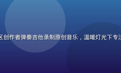 蜜桃传媒音乐社区创作者弹奏吉他录制原创音乐，温暖灯光下专注投入的创作状态